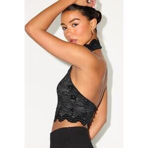 Lulus Khalila Black Scalloped Lace Halter Crop Top - Size M